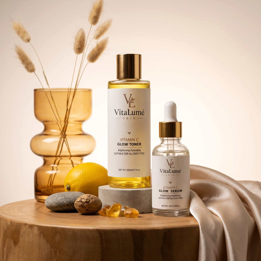Skin Brightening Serum featuring a golden glass Vitamin C glow toner and clear dropper serum with gold accents